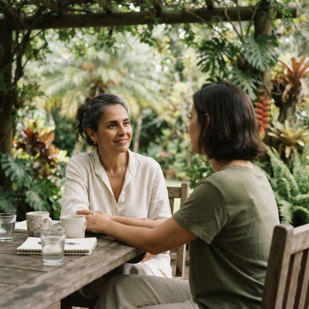 Duas mulheres em uma conversa tranquila no jardim.